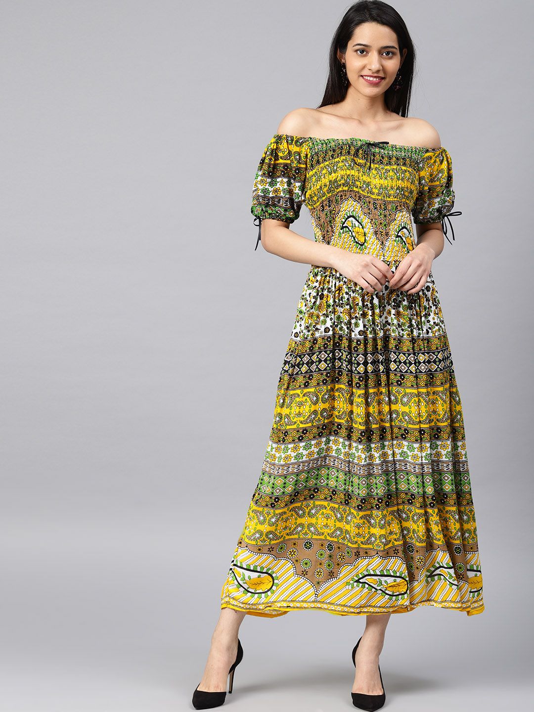 Saadgi Women Yellow Printed Maxi Dress Price in India