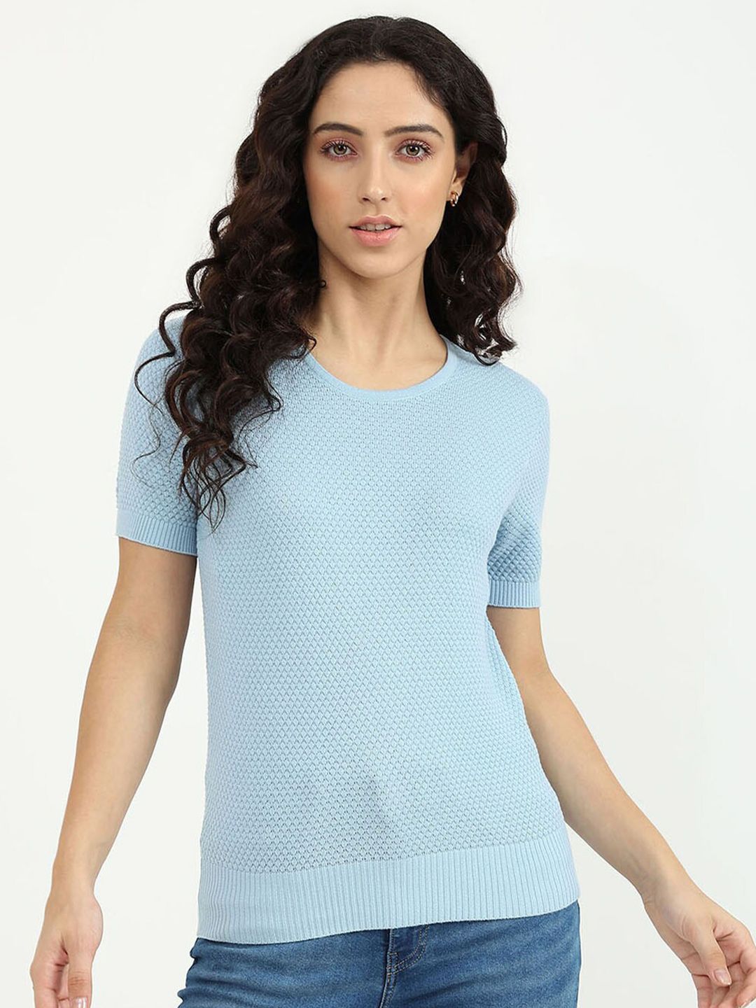 United Colors of Benetton Blue Textured Slim Fit Top Price in India