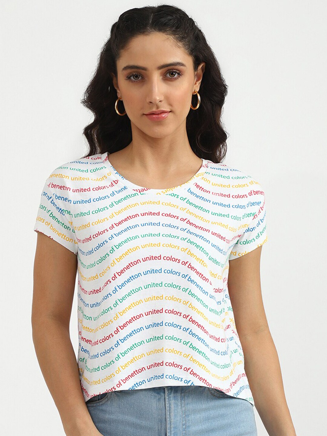 United Colors of Benetton Women White Typography Print Pure Cotton Top Price in India