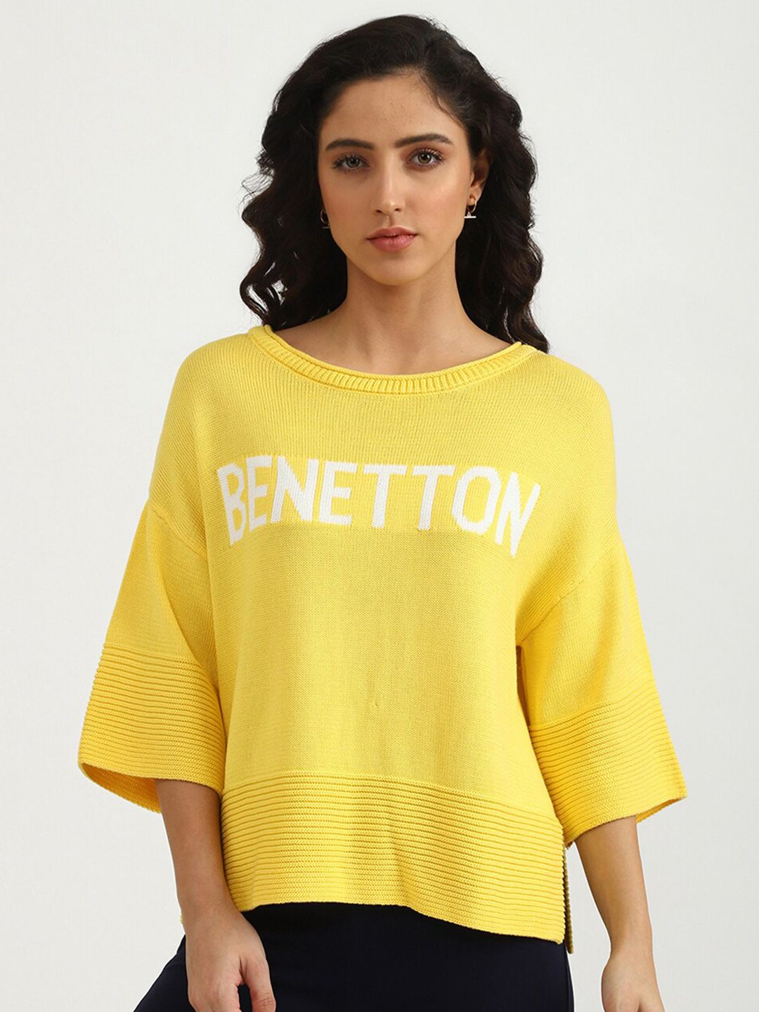 United Colors of Benetton Women Yellow Printed Extended Sleeves Boxy Top Price in India