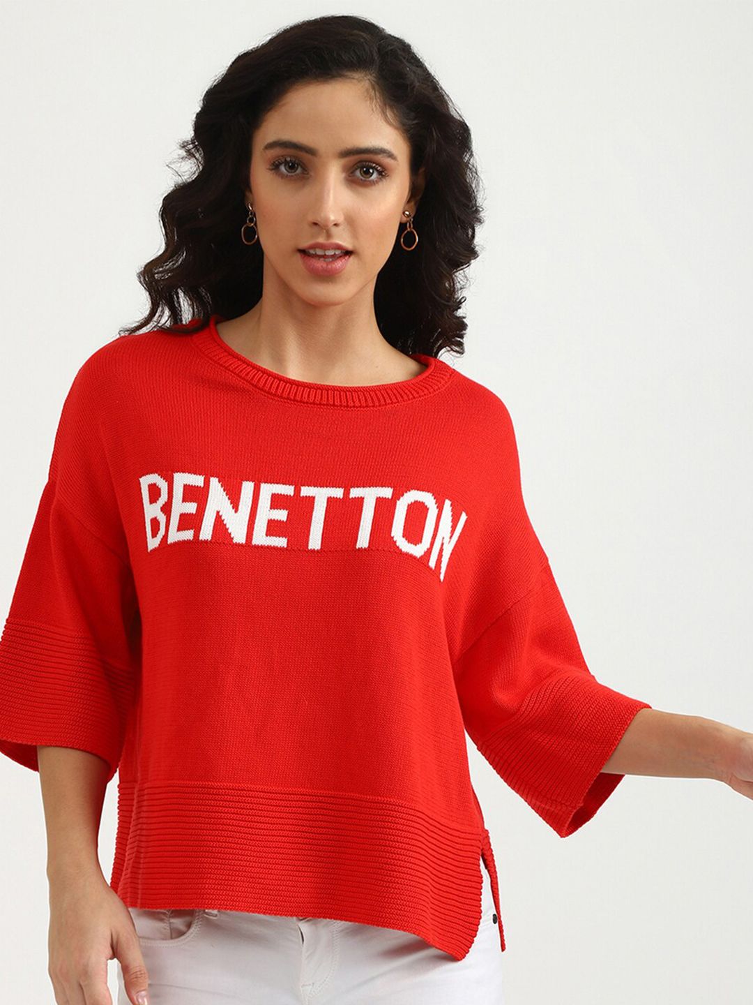 United Colors of Benetton Women Red Print Extended Sleeves Boxy Top Price in India
