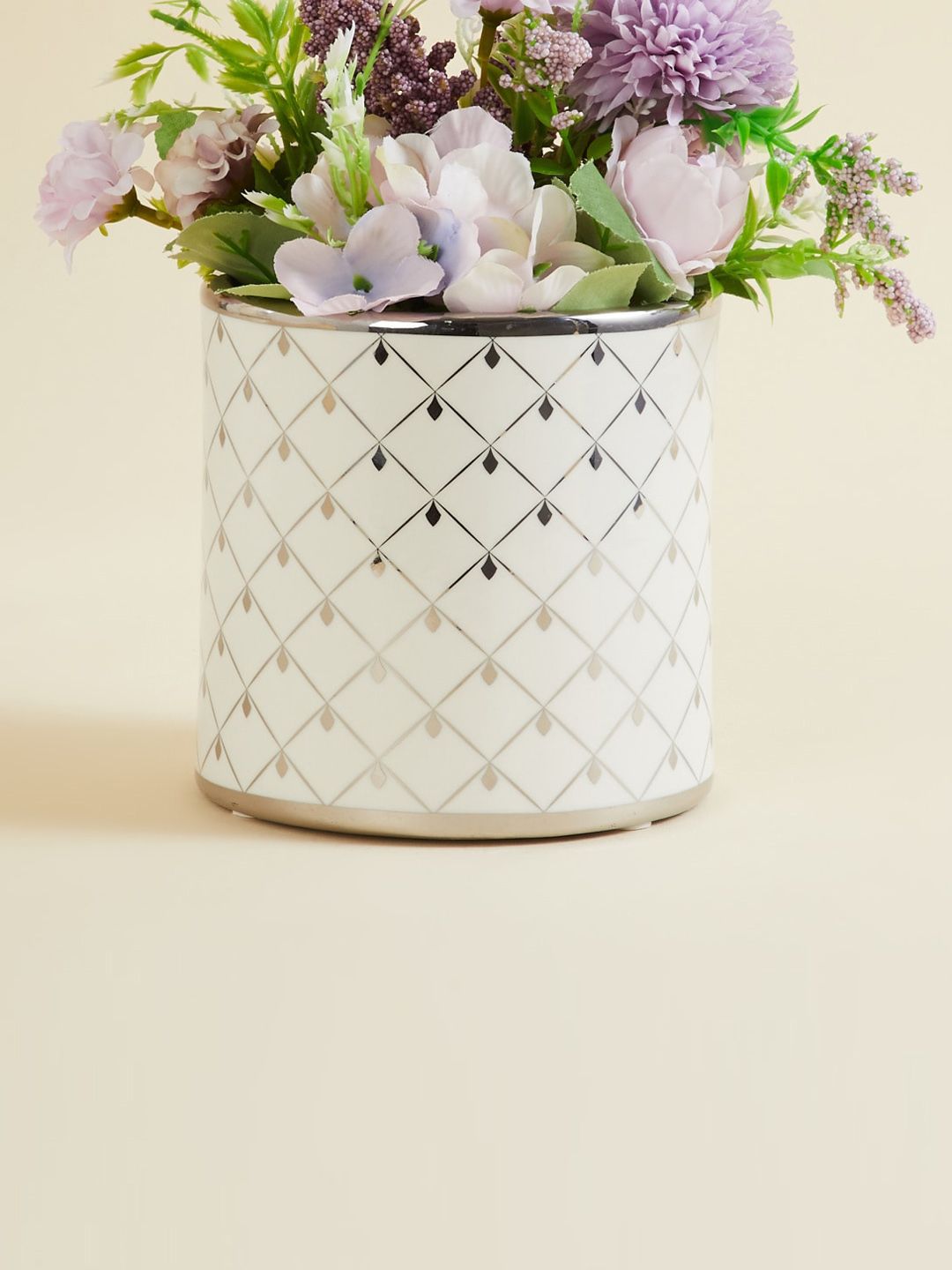 Home Centre White & Grey Printed Ceramic Cylindrical Flower Planter Price in India