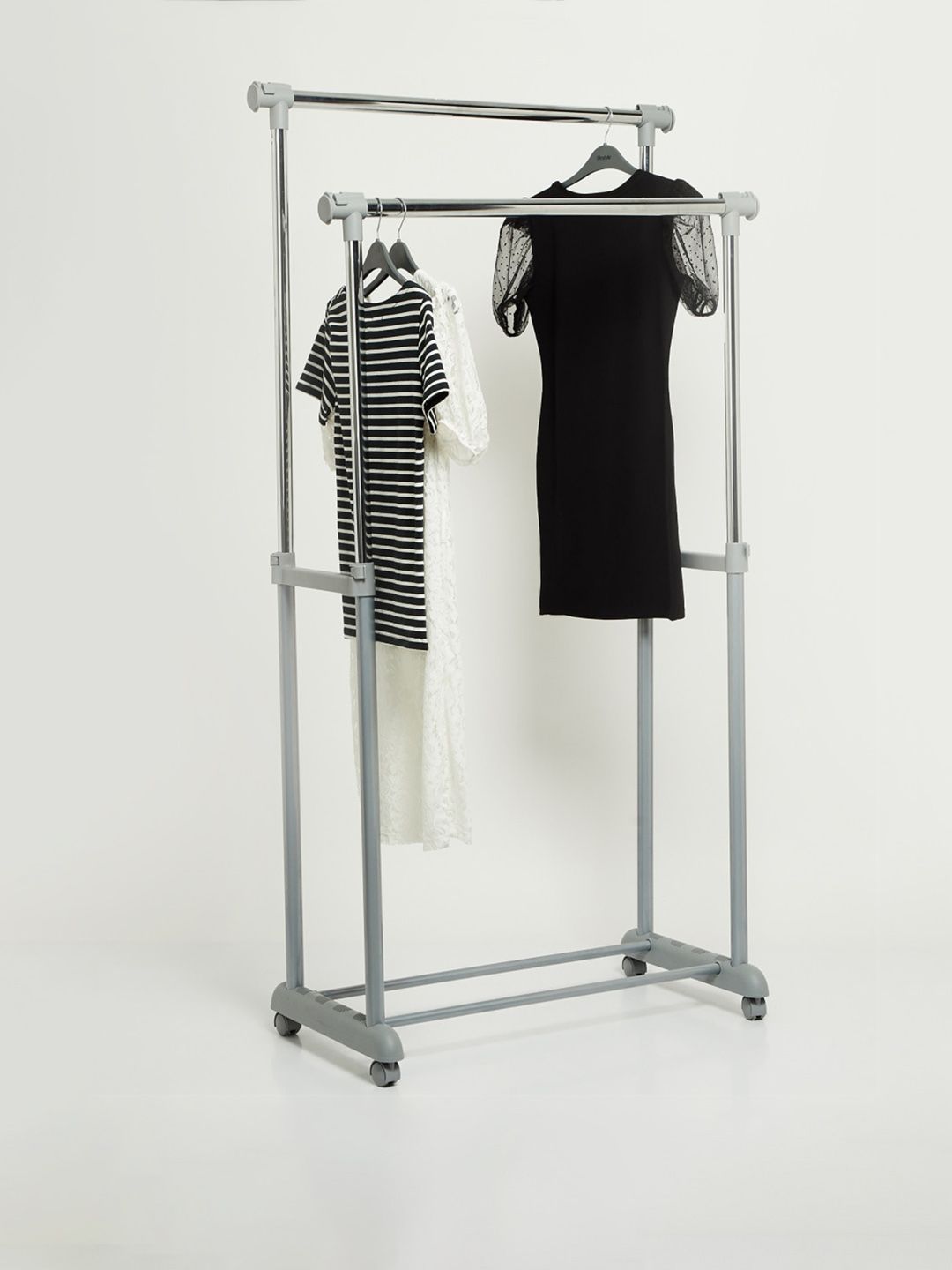Home Centre Grey Solid Portable Stainless Steel Garment Rack With Middle Pole Hanger Price in India