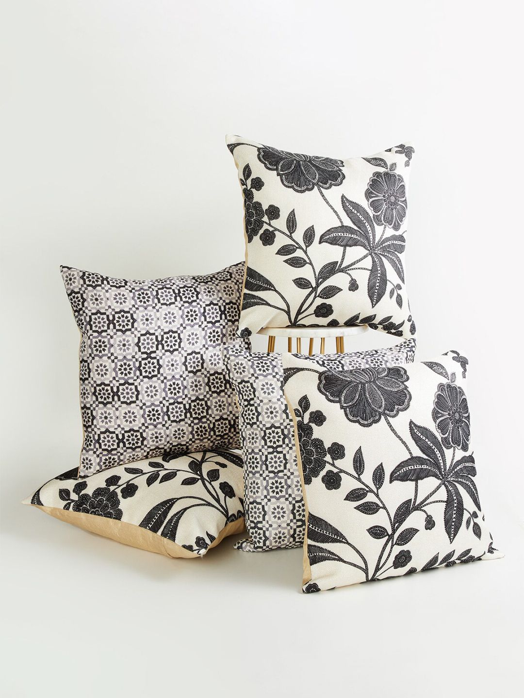 Home Centre White & Grey Set of 5 Floral Square Cushion Covers Price in India