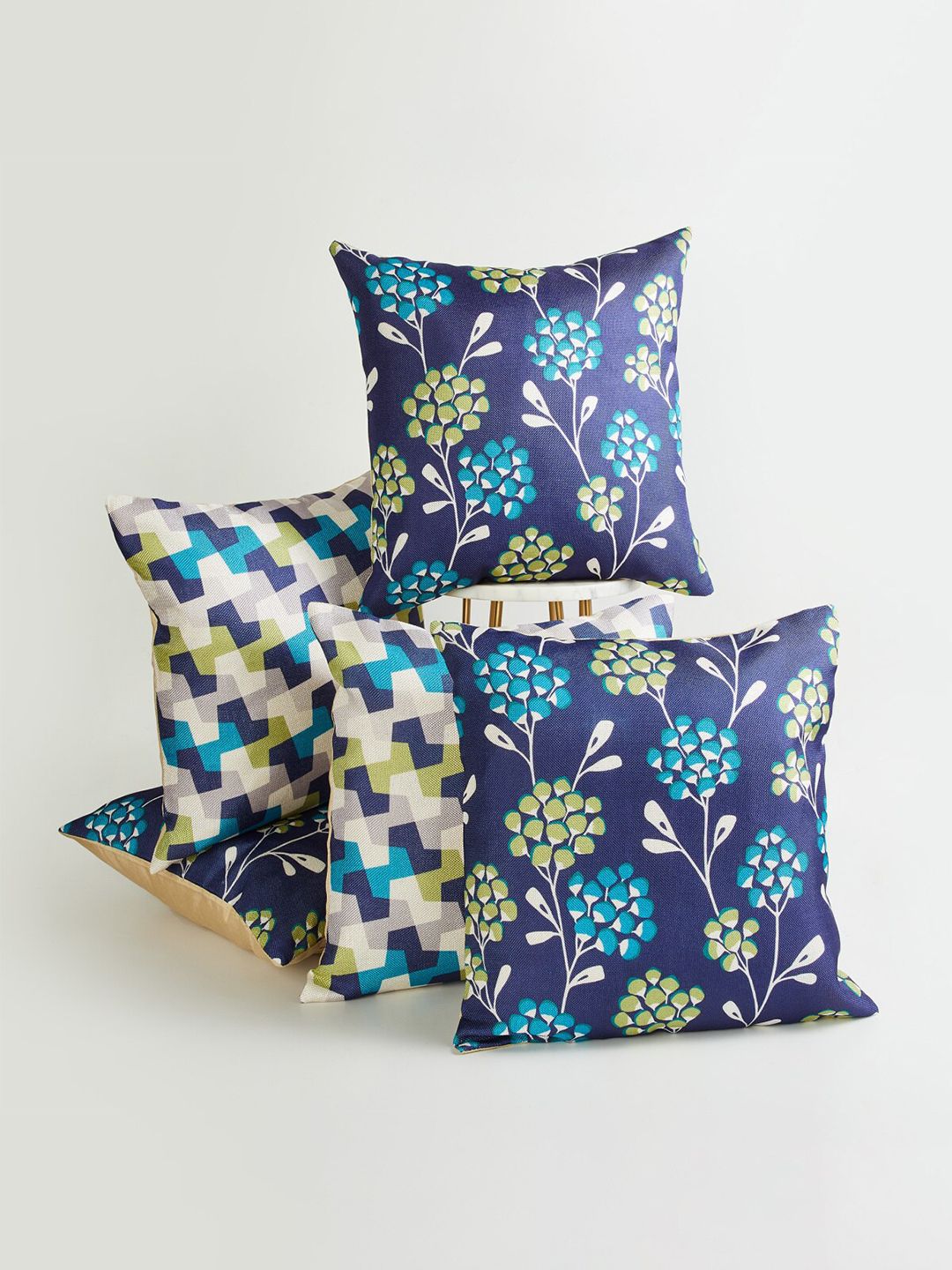 Home Centre Blue & Green Set of 5 Floral Print Polyester Square Cushion Covers Price in India