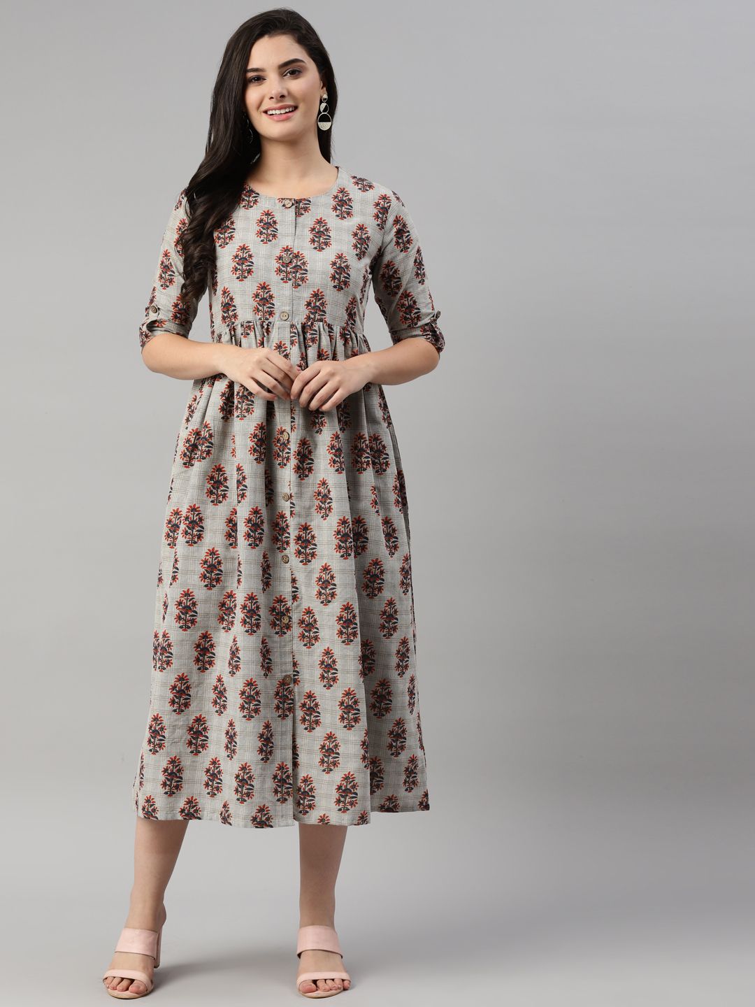 MALHAAR Women Grey & Red Ethnic Motif Printed A-Line Ethnic Dress Price in India