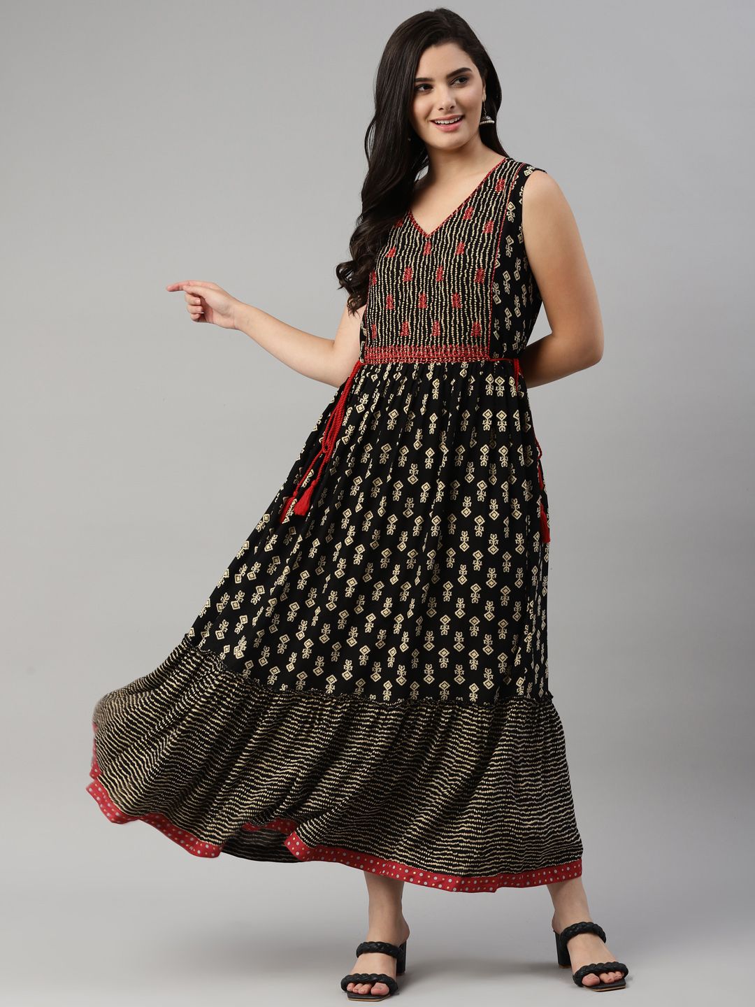 MALHAAR Women Black & Golden Ethnic Motif Printed A-Line Ethnic Dress Price in India