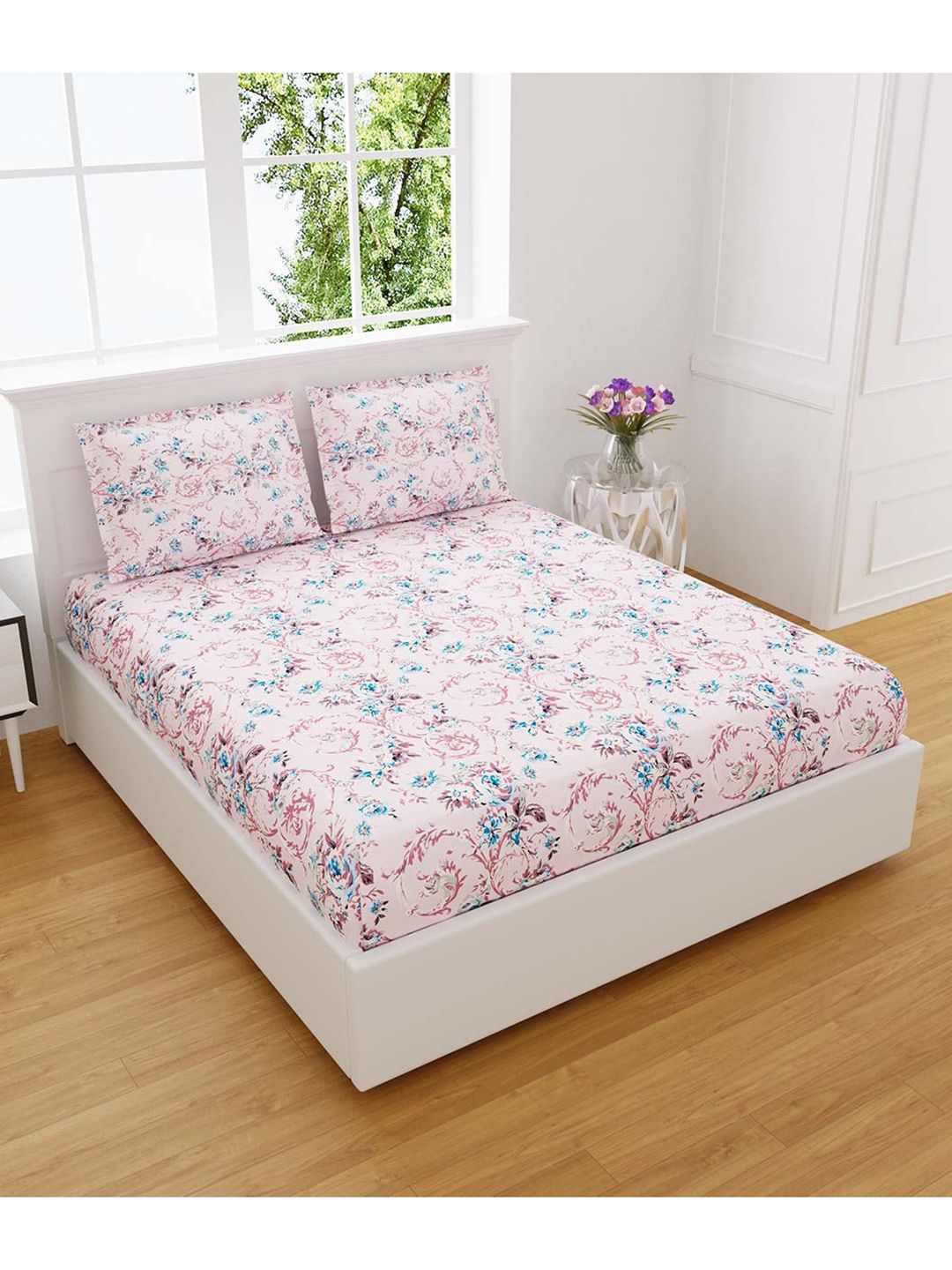 EasyGoods Pink & Blue Floral Cotton 300 TC King Bedsheet with 2 Pillow Covers Price in India