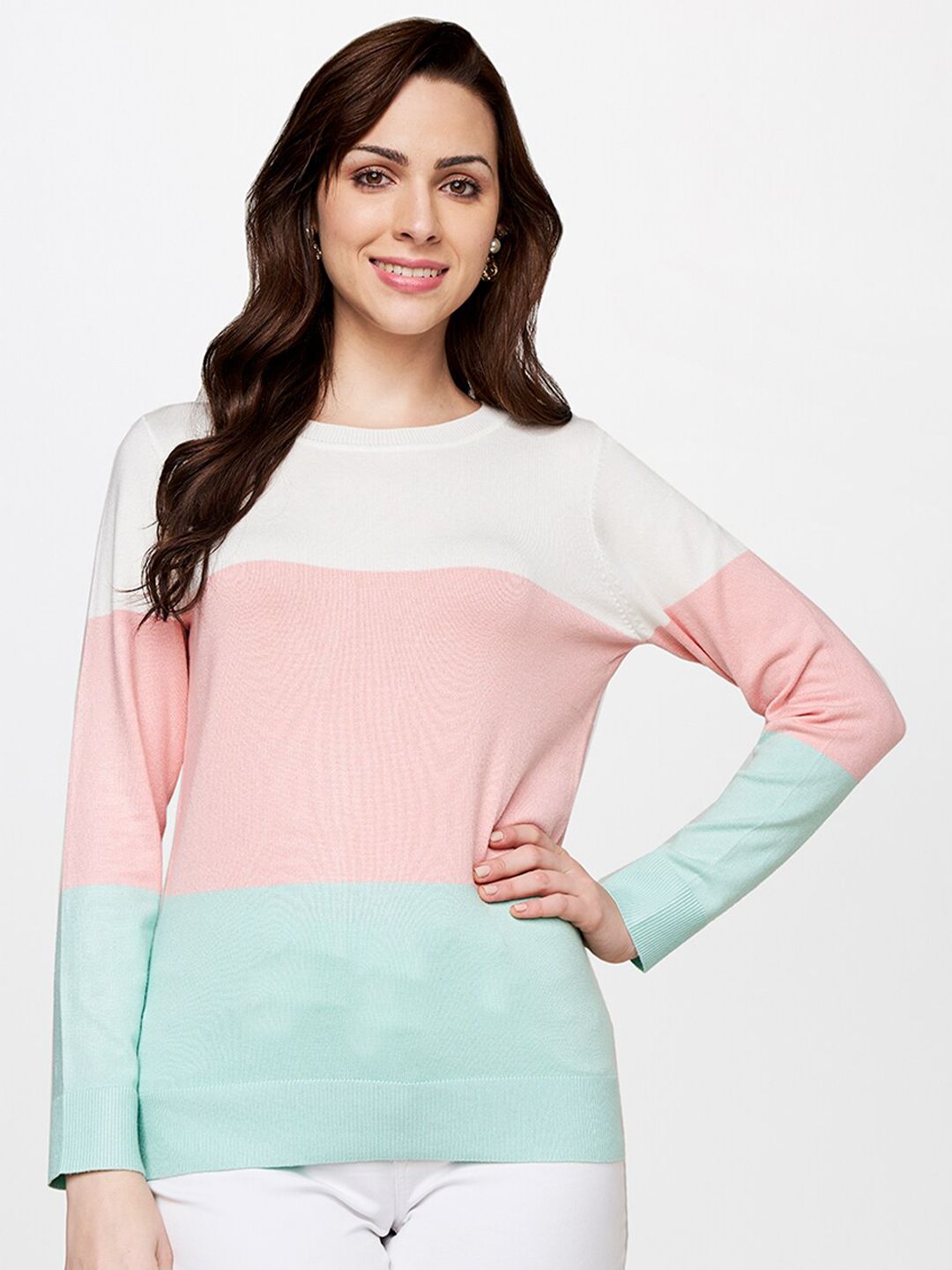 AND Women Pink & Sea Green Colourblocked Top Price in India