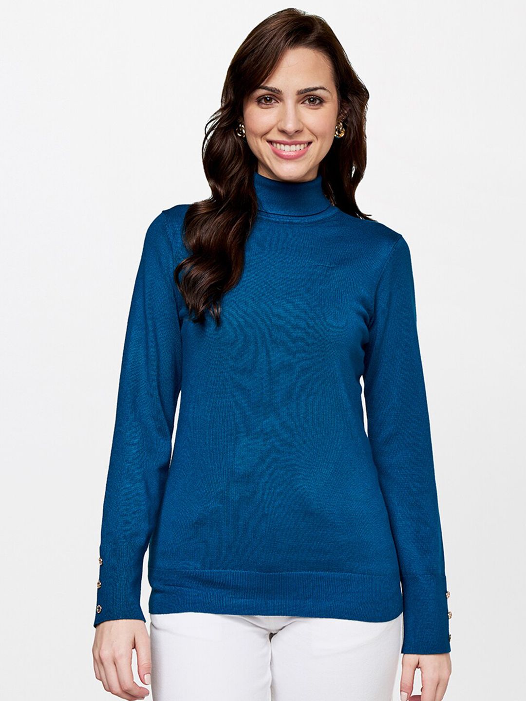 AND Teal Solid Turtle Neck Regular Top Price in India
