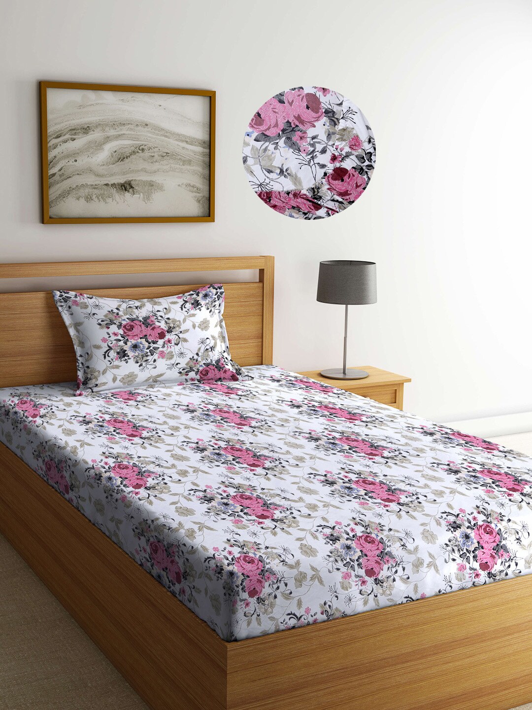 Arrabi White & Pink Floral 300 TC Single Bedsheet with 1 Pillow Covers Price in India