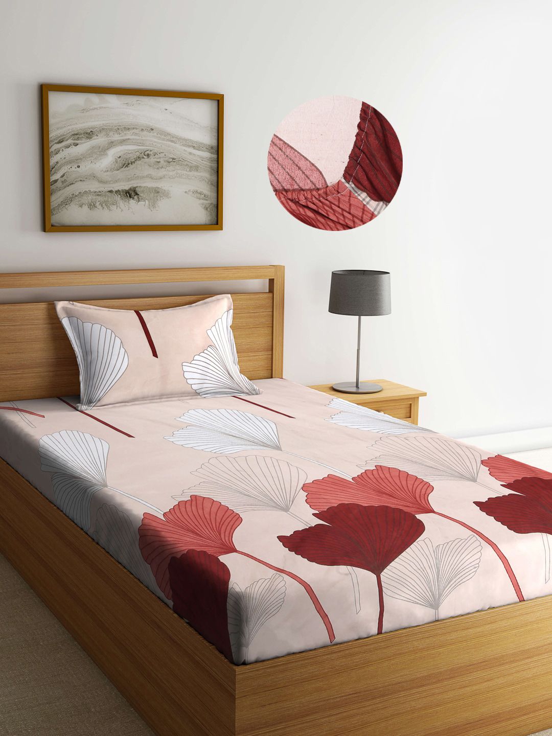 Arrabi Brown & Peach-Coloured Floral Fitted 300 TC Single Bedsheet with 1 Pillow Covers Price in India