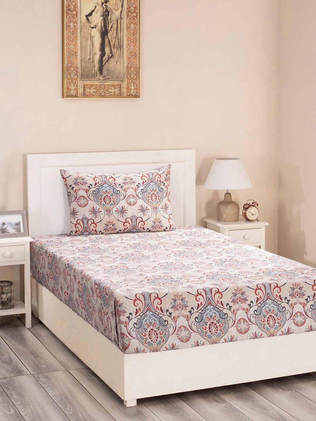 MASPAR Red & Grey Ethnic Motifs 300 TC Single Bedsheet with 1 Pillow Covers Price in India