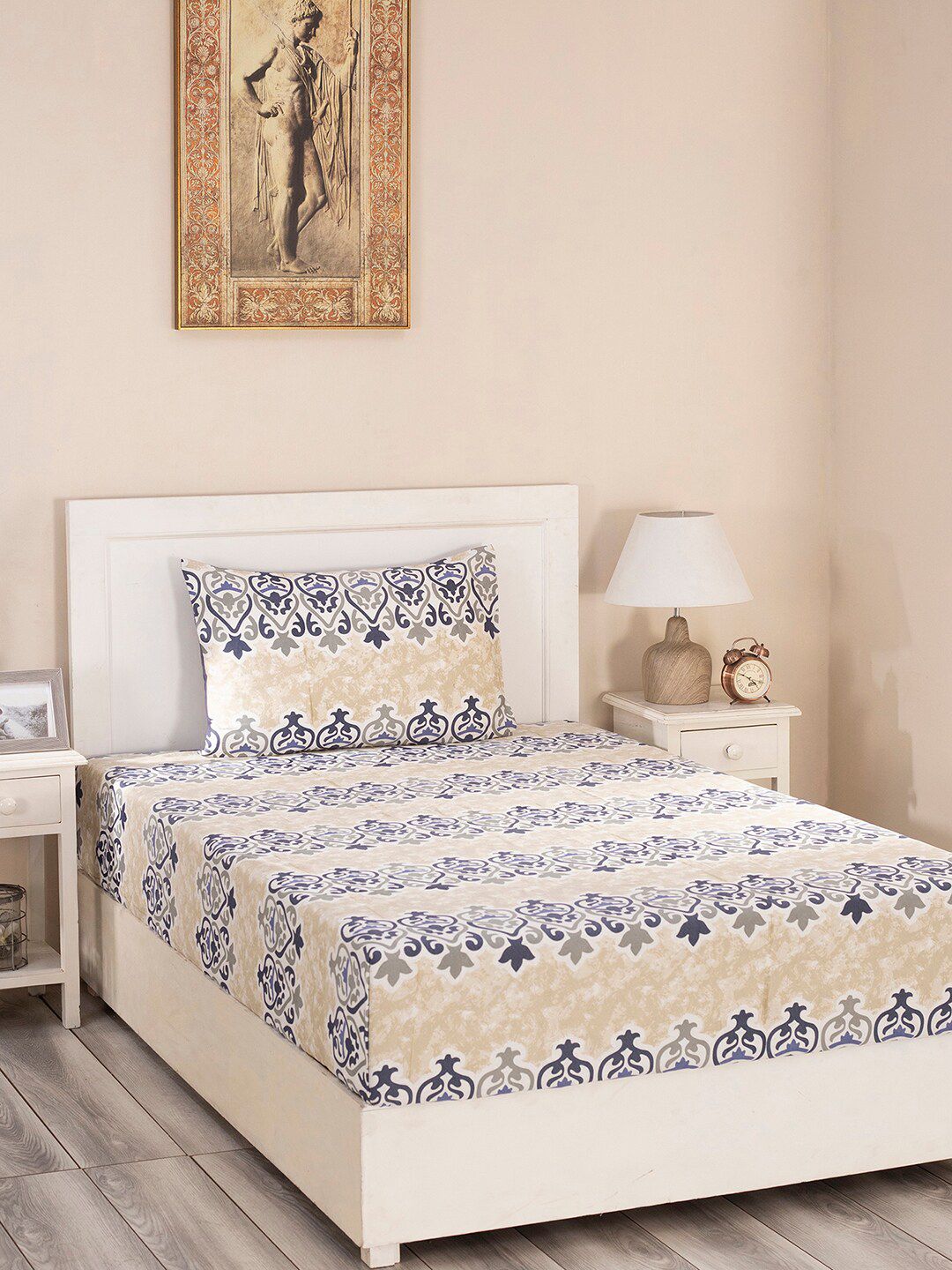 MASPAR Blue & Brown Ethnic Motifs 300 TC Single Bedsheet with 1 Pillow Cover Price in India