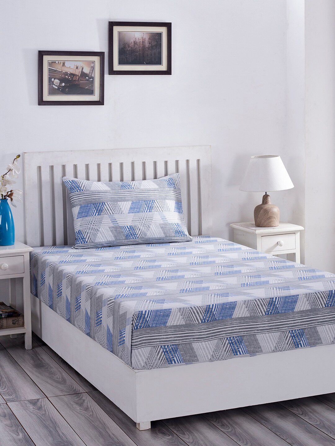 MASPAR Blue & Grey Geometric 210 TC Single Bedsheet with 1 Pillow Cover Price in India