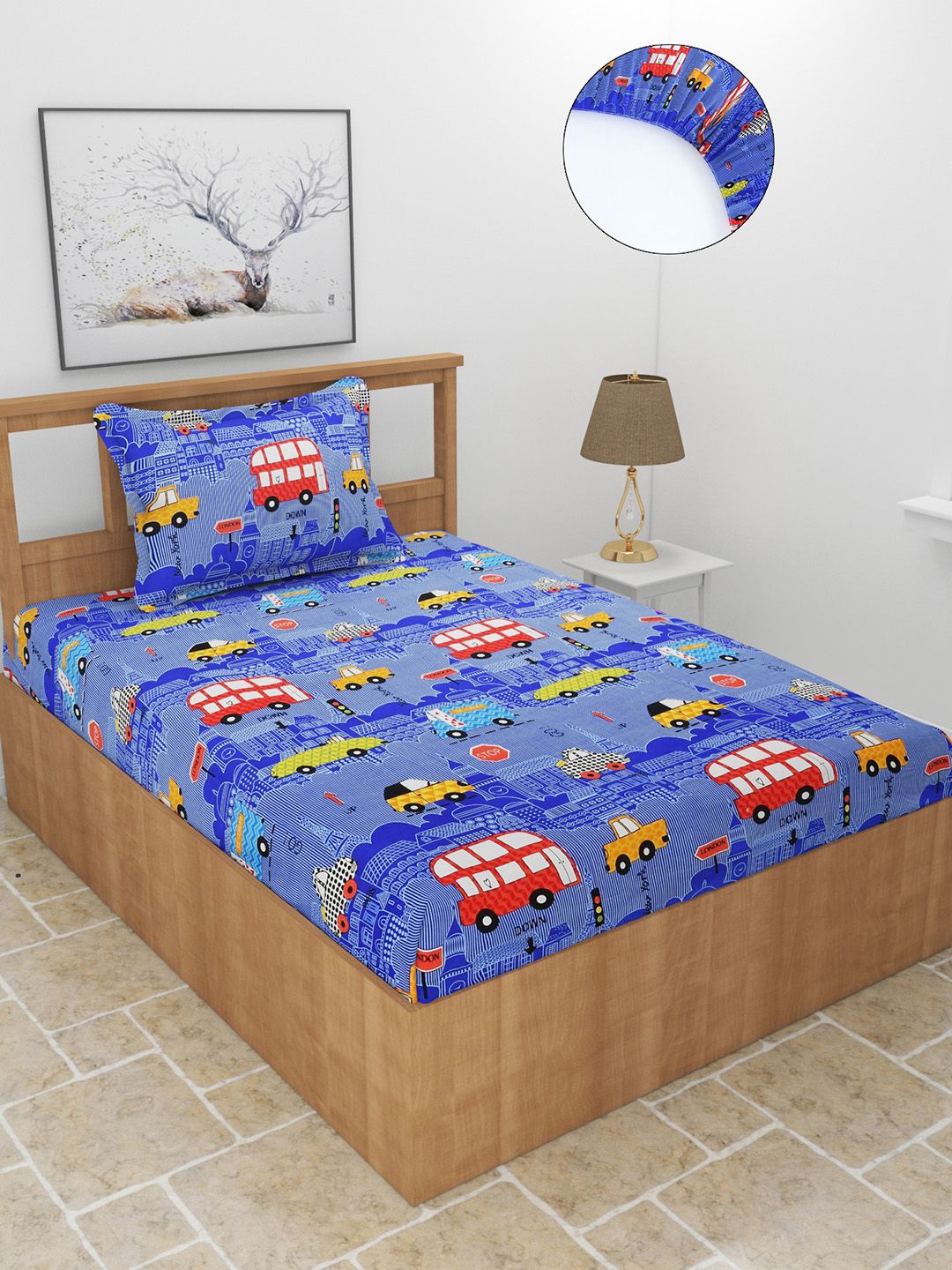 MORADO Blue & Red Graphic 210 TC Single Fitted Bedsheet with 1 Pillow Cover Price in India