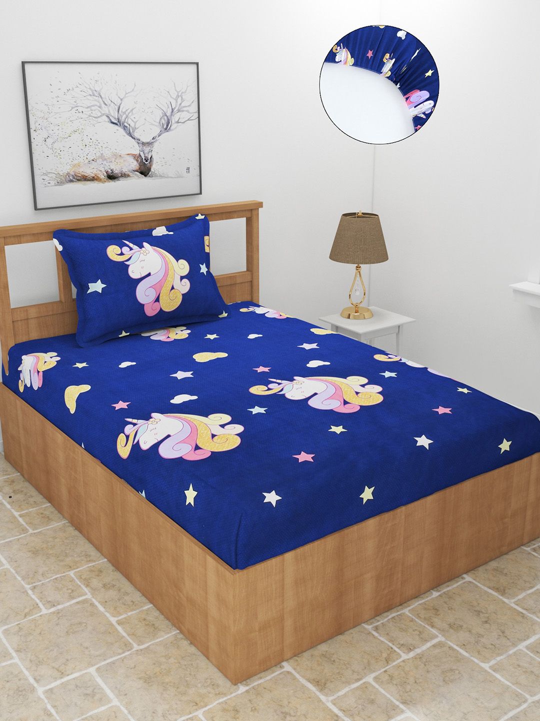 MORADO Blue & White Cartoon Characters 210 TC Single Fitted Bedsheet with 1 Pillow Cover Price in India