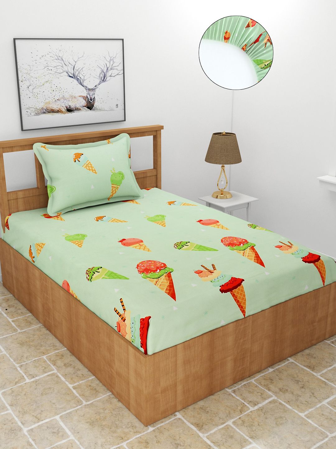 MORADO Green & Red Conversational Print 180 TC Single Fitted Bedsheet with 1 Pillow Covers Price in India