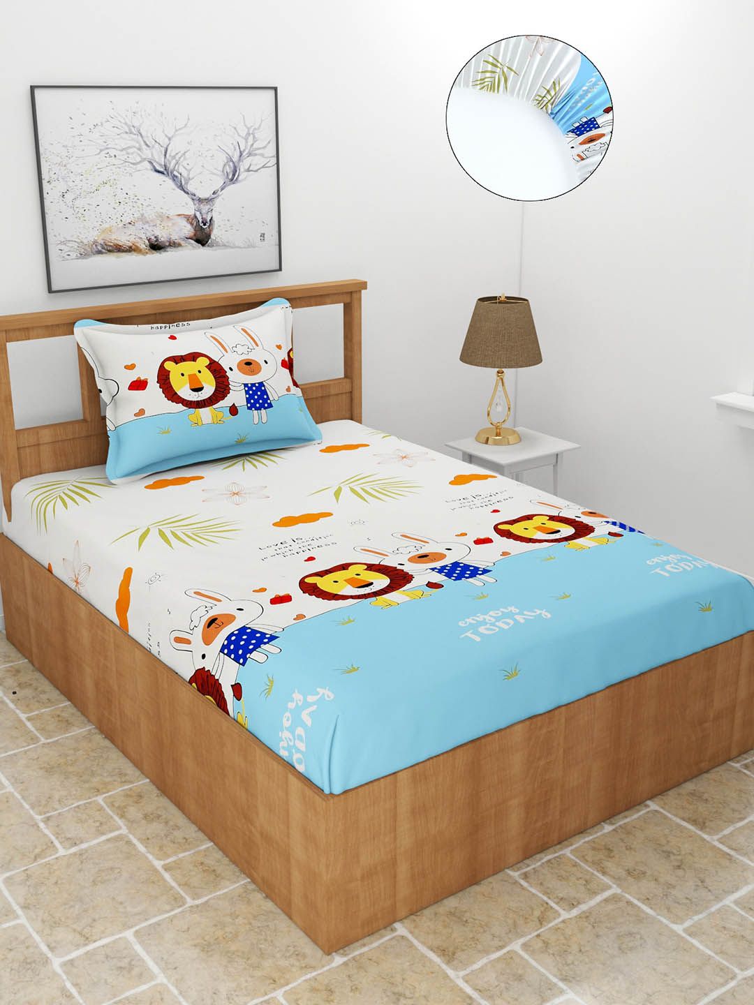 MORADO White & Blue Graphic 210 TC Single Fitted Bedsheet with 1 Pillow Covers Price in India