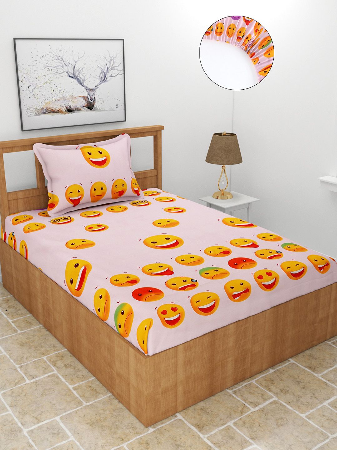MORADO Pink & Yellow Graphic 210 TC Single Fitted Bedsheet with 1 Pillow Covers Price in India