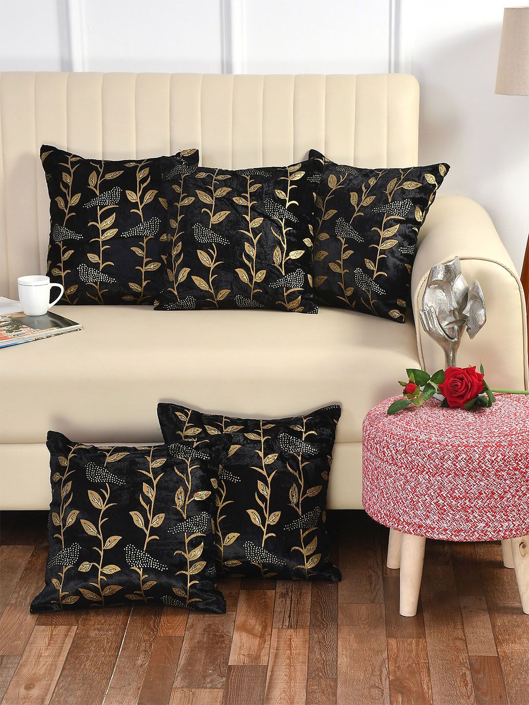 Bajo's Black & Gold-Toned Set of 5 Square Cushion Covers Price in India