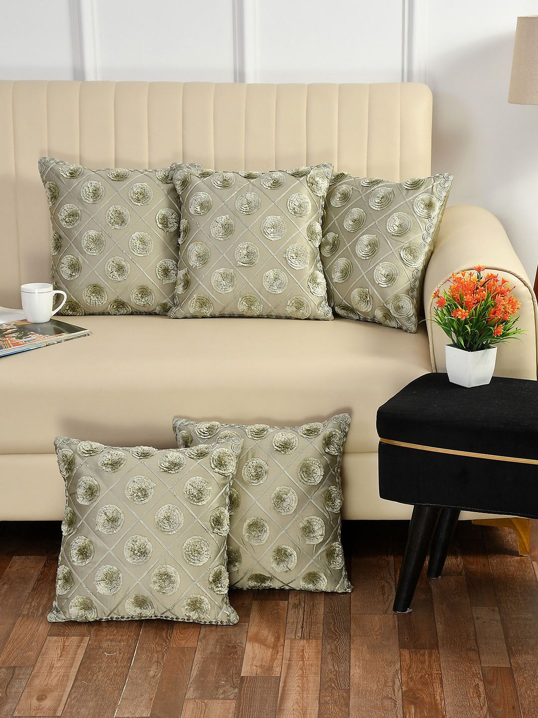 Bajo's Olive Green Set of 5 Embroidered Square Cushion Covers Price in India