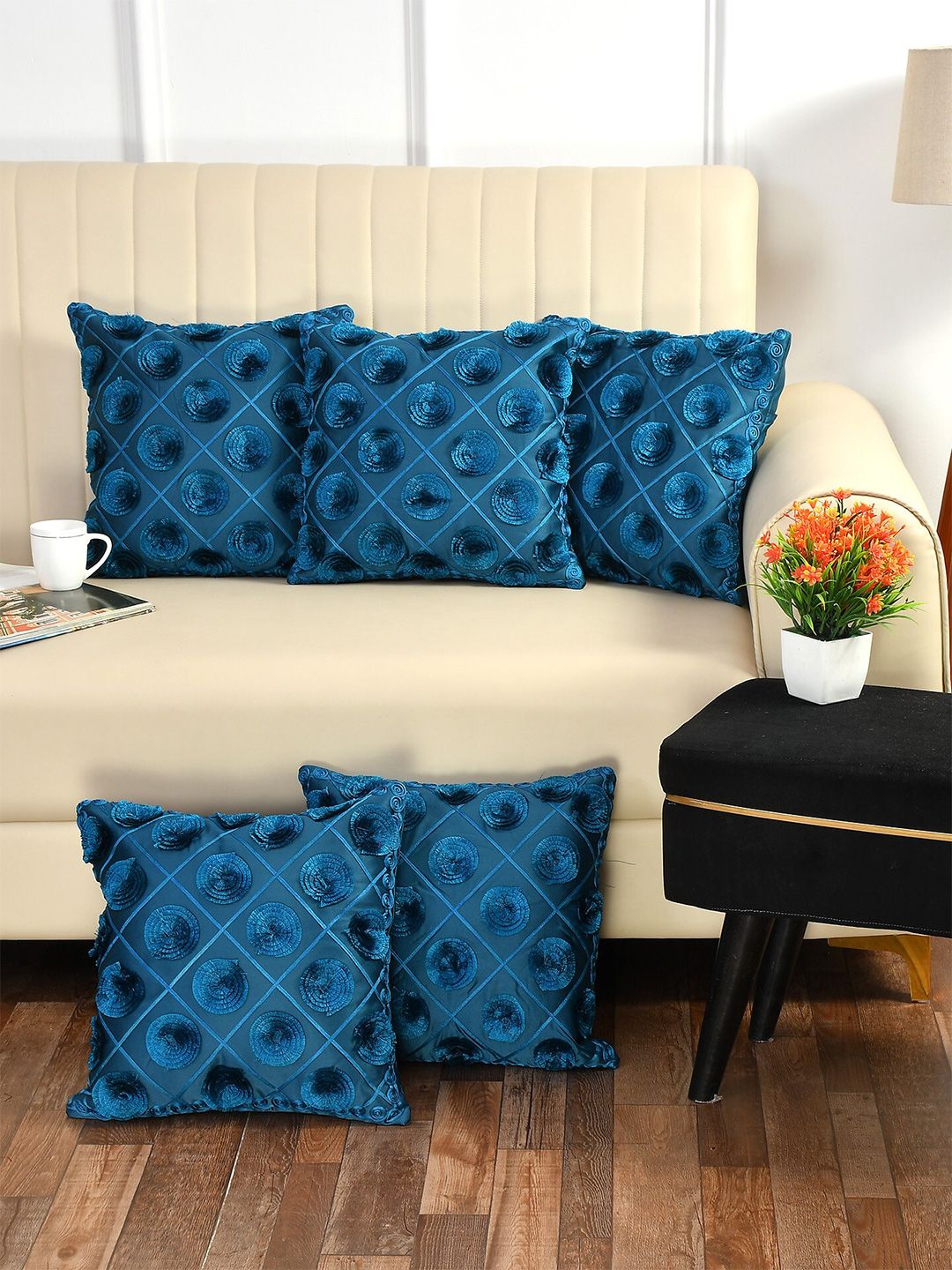 Bajo's Blue Set of 5 Embroidered Square Cushion Covers Price in India