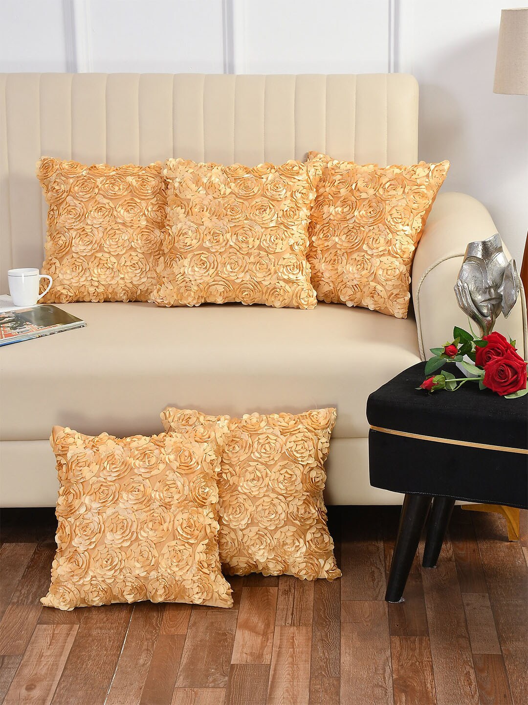 Bajo's Gold-Toned Set of 5 Embroidered Square Cushion Covers Price in India