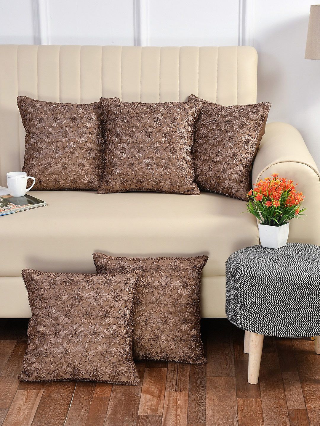 Bajo's Coffee Brown Set of 5 Embroidered Square Cushion Covers Price in India