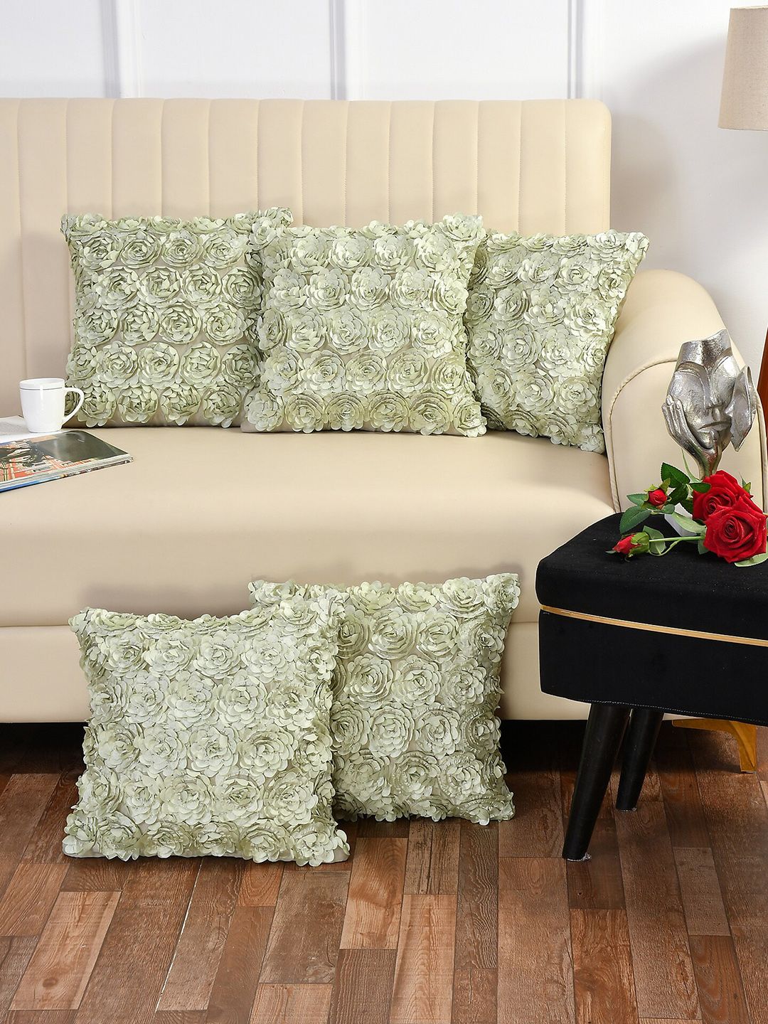 Bajo's Olive Green Set of 5 Embroidered Square Cushion Covers Price in India