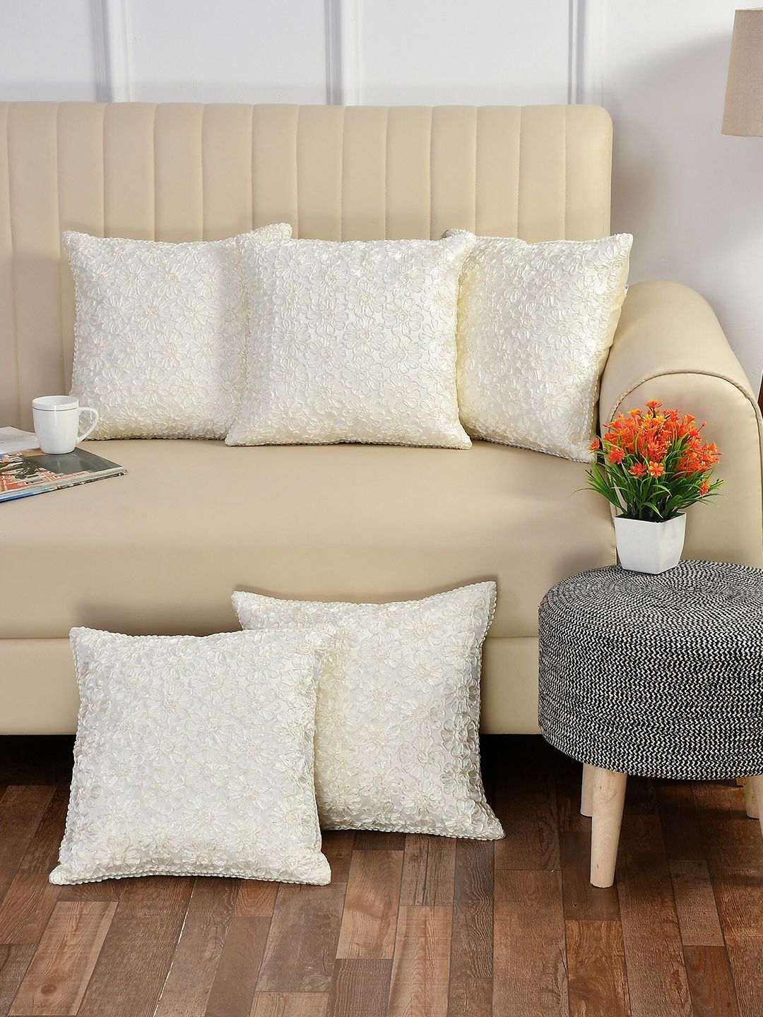 Bajo's Cream-Coloured Set of 5 Embroidered Square Cushion Covers Price in India
