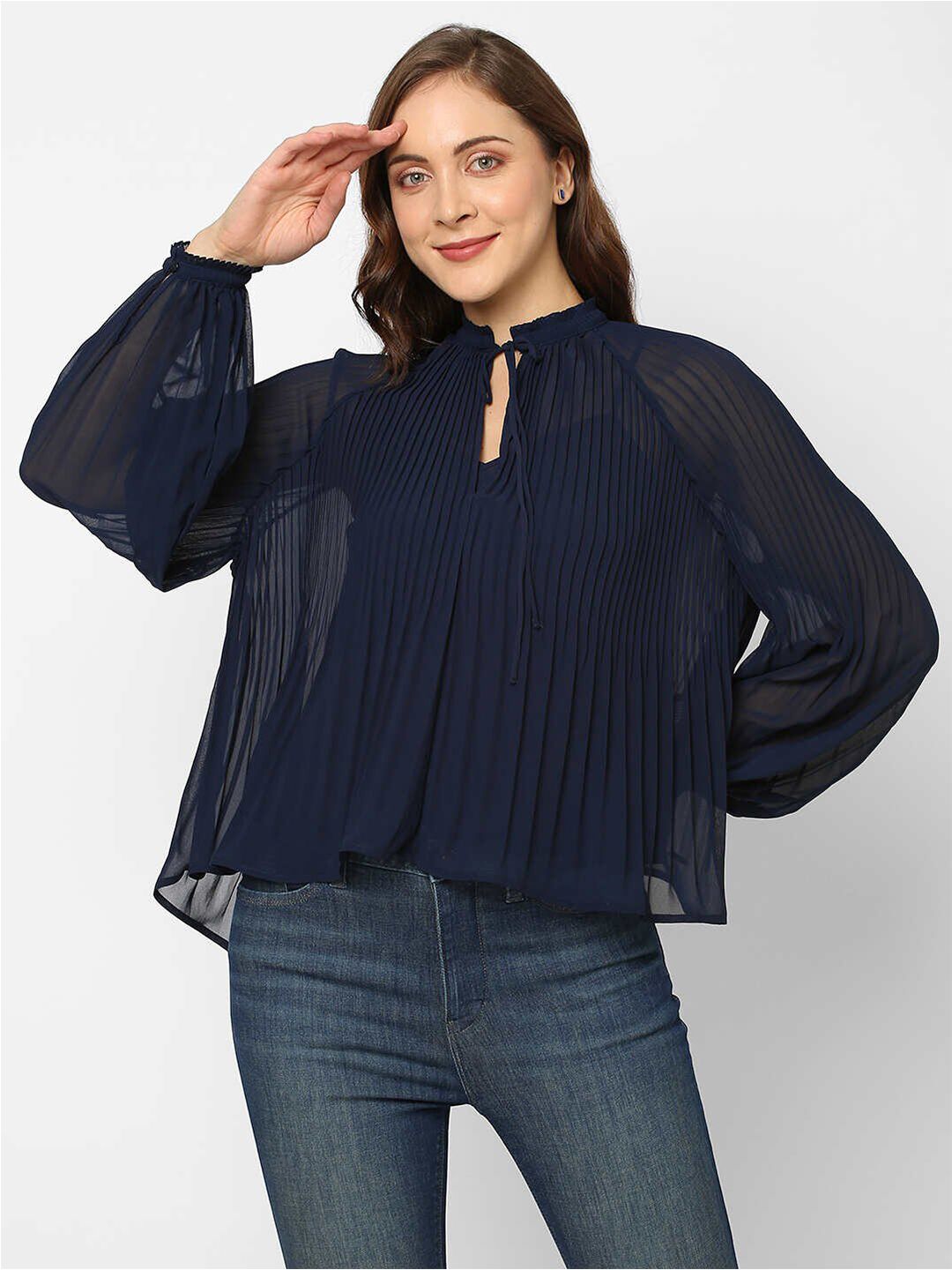Pepe Jeans Women Navy Blue Accordian Pleated Top Price in India
