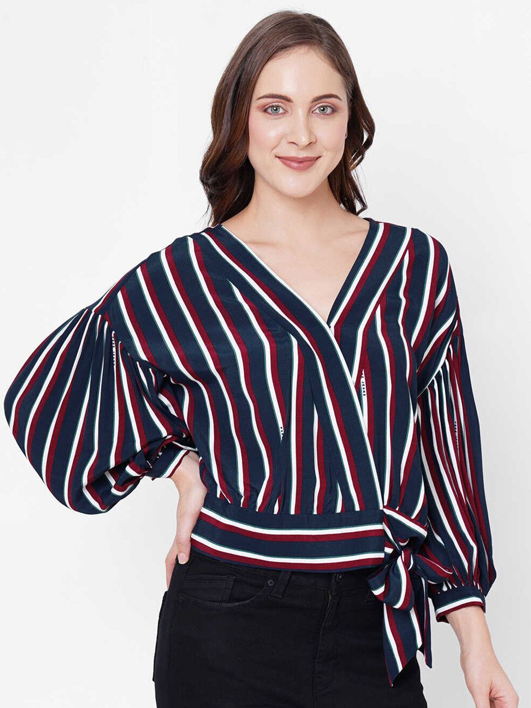 Pepe Jeans Women Red Striped Wrap Top Price in India