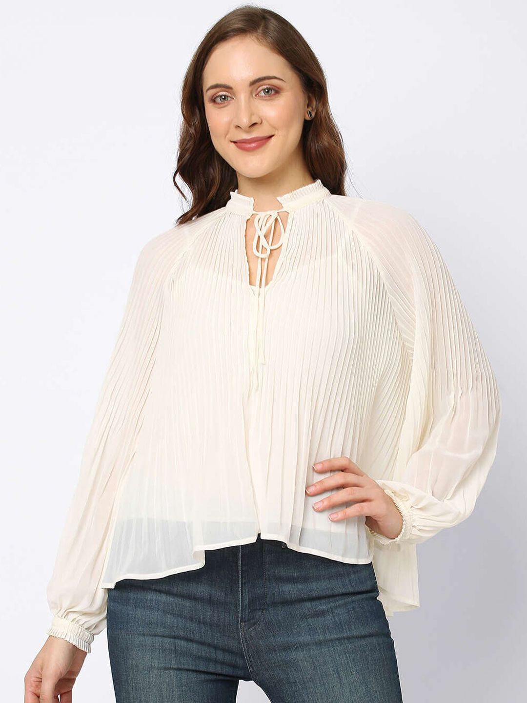 Pepe Jeans Cream Pleated Tie-Up Neck Top Price in India