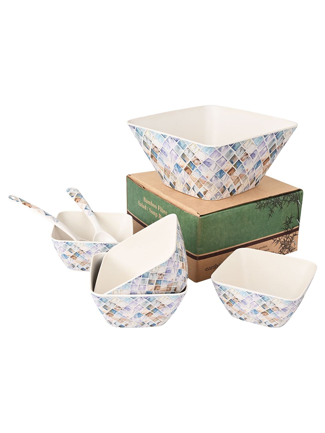 earthism White & Mauve 7 Pieces Printed Bamboo Matte Dinnerware Price in India