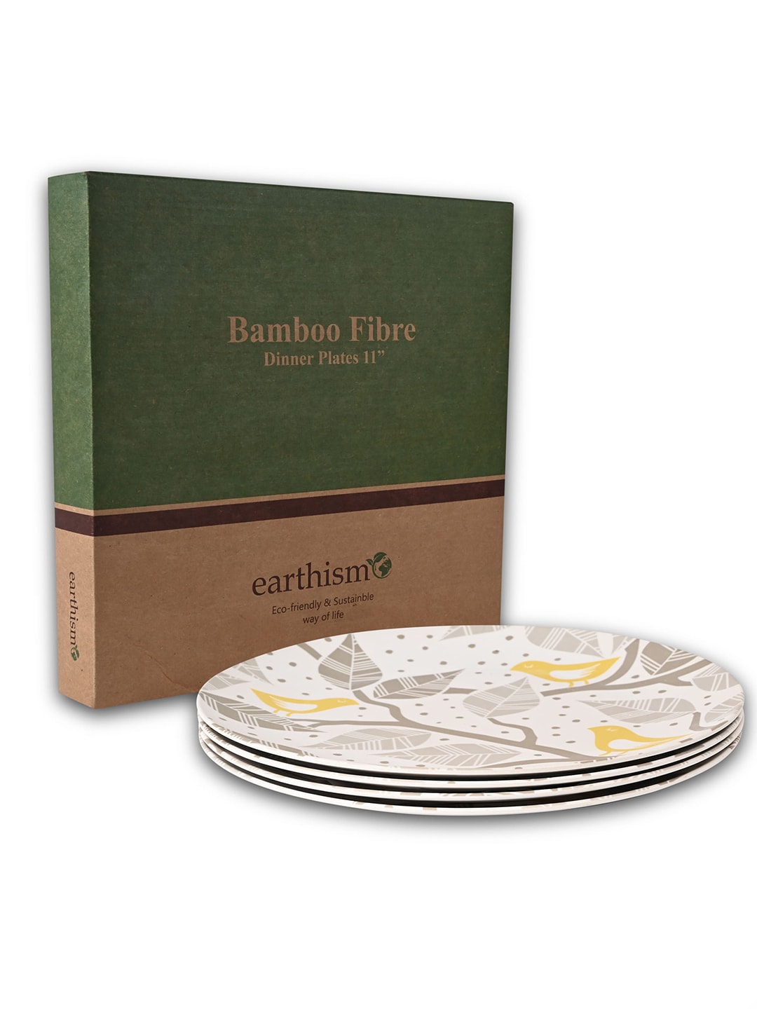 earthism Grey & Yellow 4 Pieces Floral Printed Bamboo Matte Plates Price in India