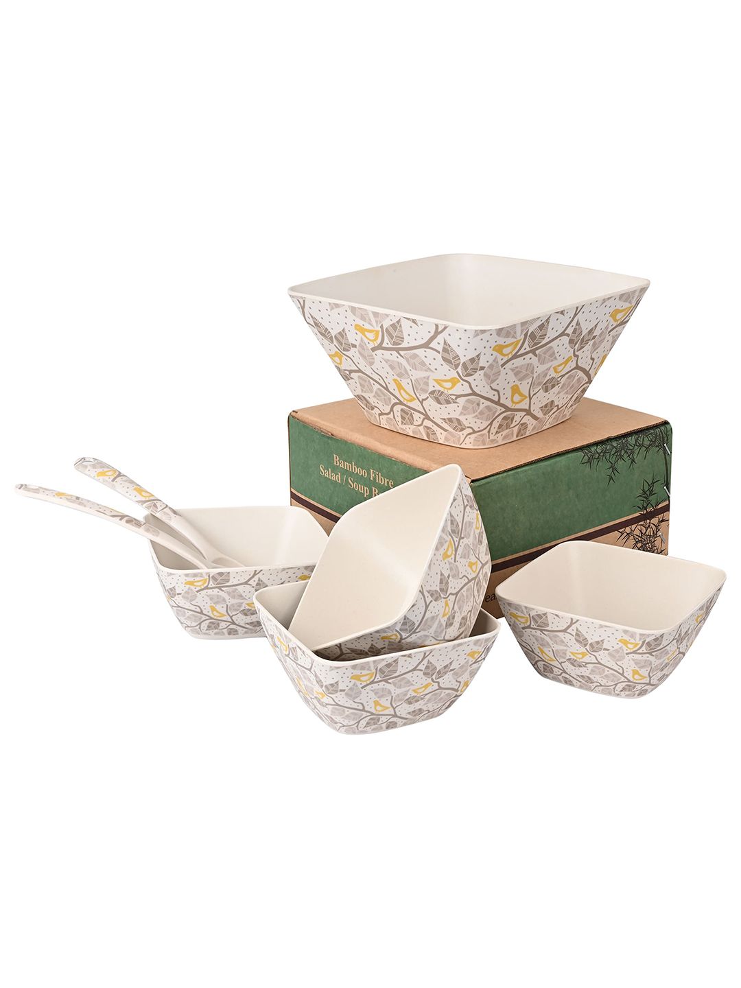 earthism Grey & Beige 7 Pieces Floral Printed Bamboo Matte Bowls Price in India