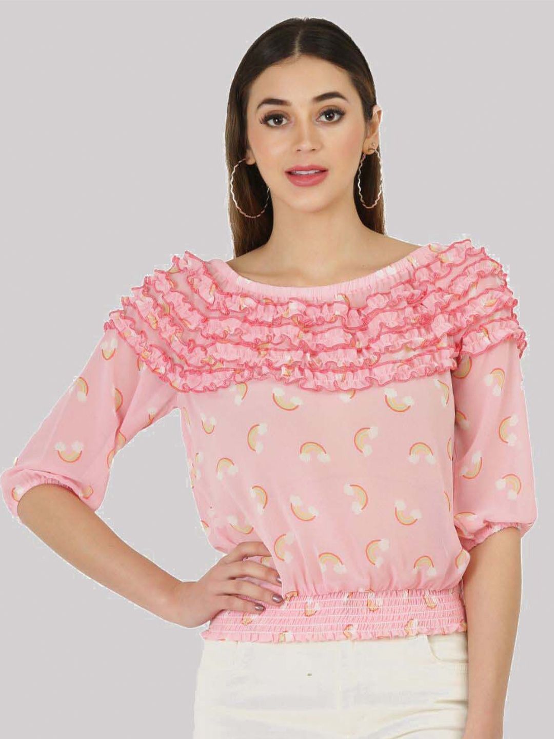 SAAKAA Women Pink & White Floral Printed Blouson Top Price in India