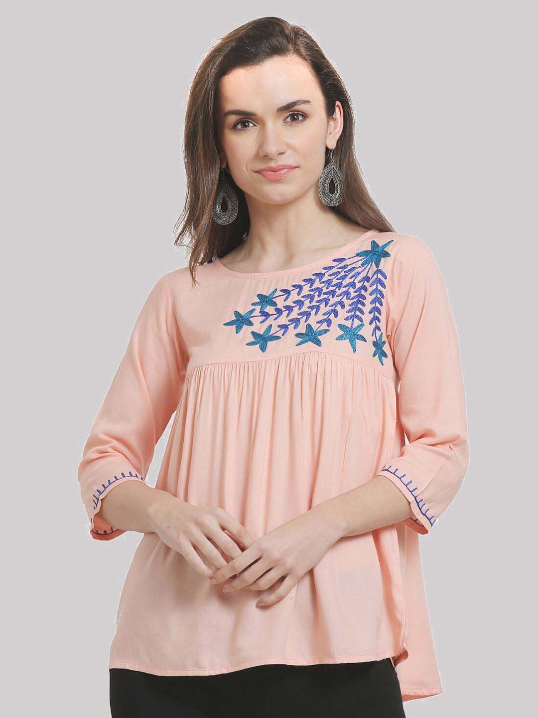 SAAKAA Peach-Coloured Floral Embroidered Top Price in India