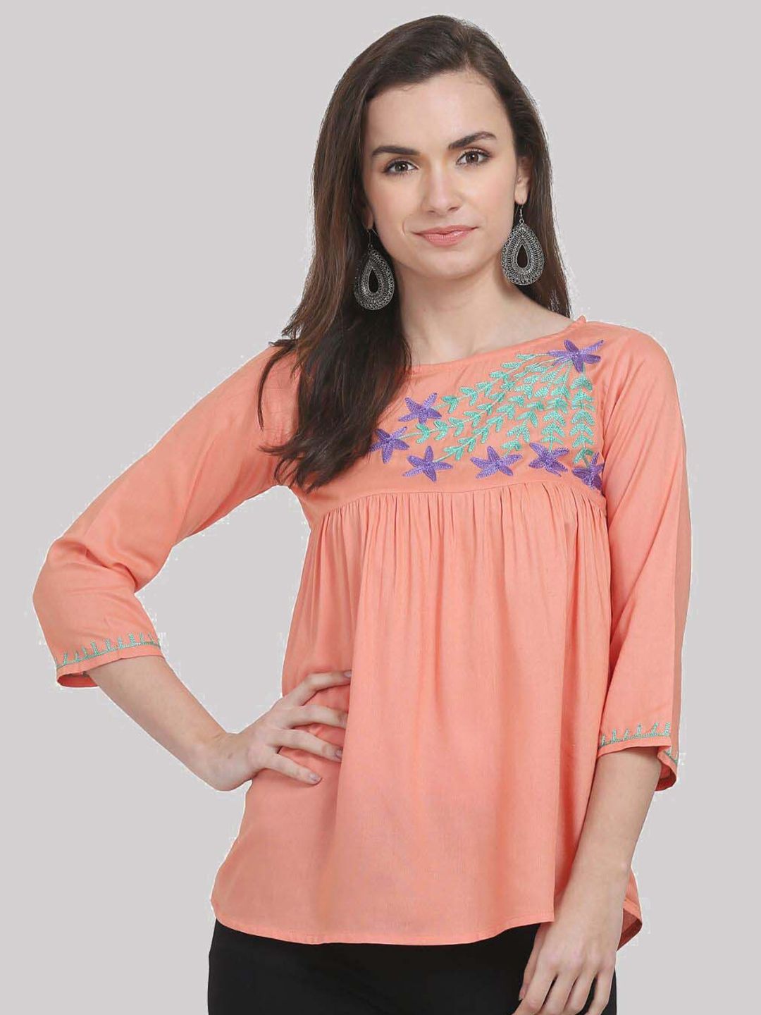 SAAKAA Orange & Blue Floral Embroidered Top Price in India