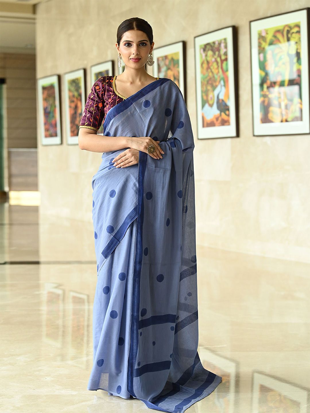 BEATITUDE Blue & Pink Printed Pure Cotton Saree Price in India