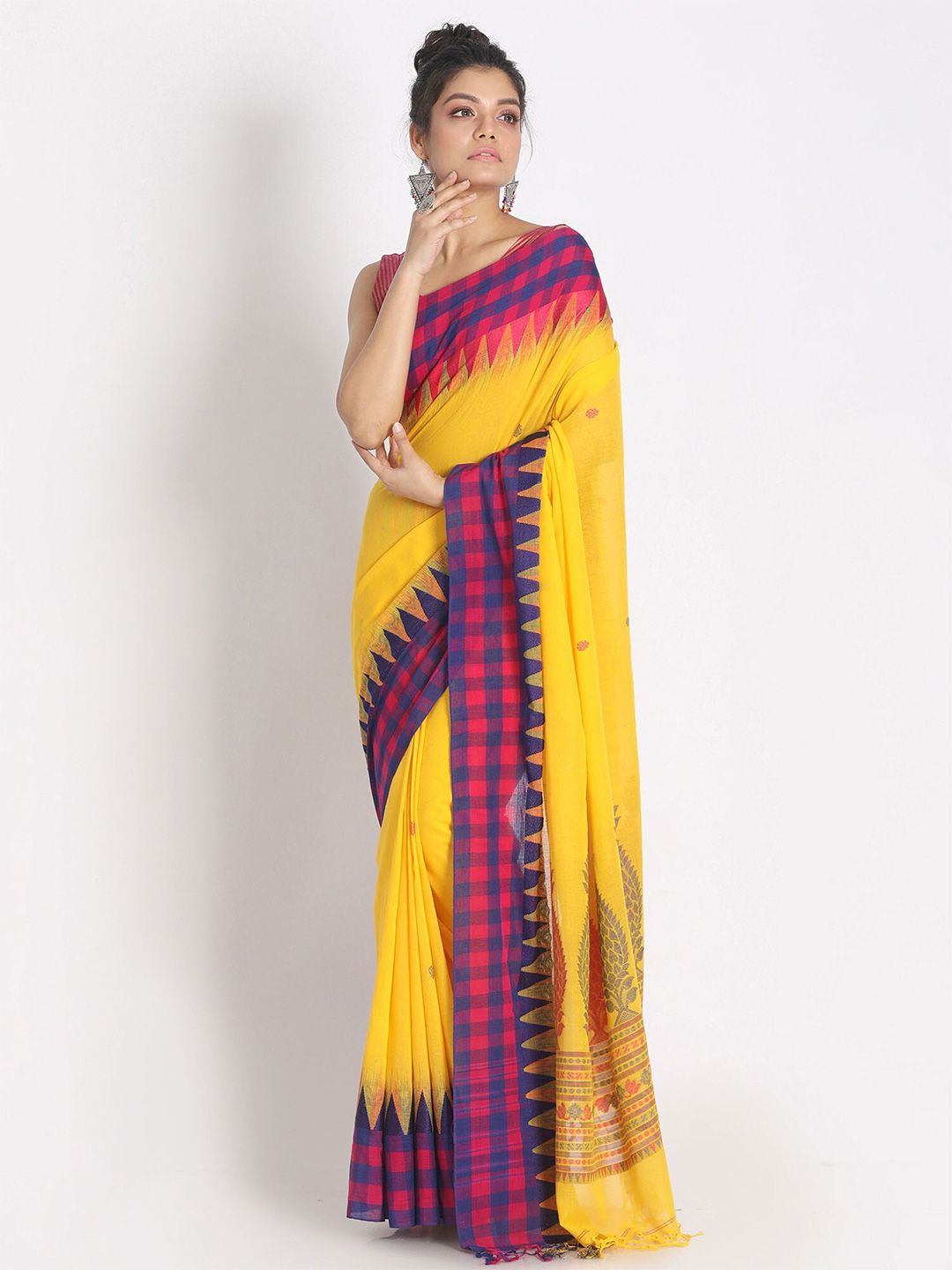 BEATITUDE Yellow & Blue Woven Design Pure Cotton Saree Price in India