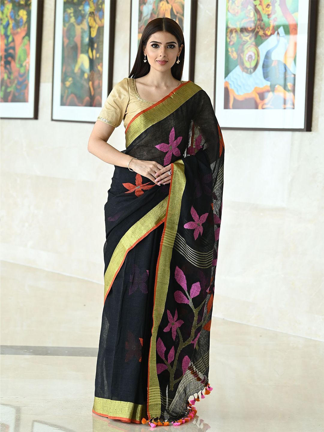 BEATITUDE Black & Orange Floral Pure Linen Saree Price in India