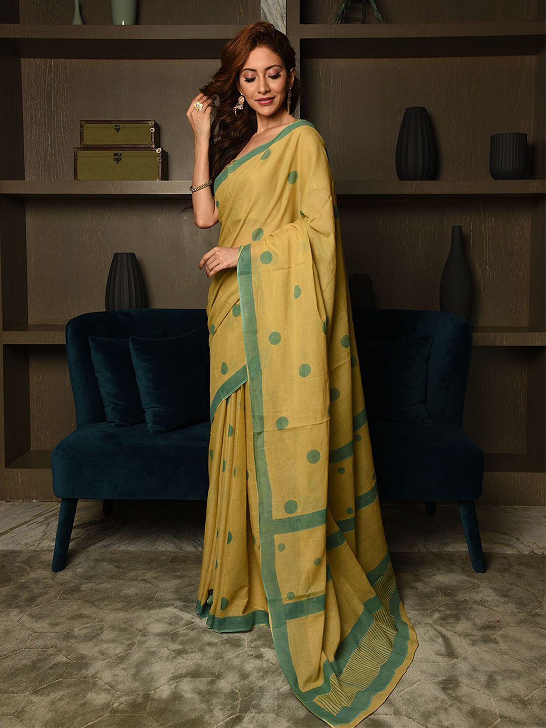 BEATITUDE Yellow & Green Woven Design Pure Cotton Saree Price in India