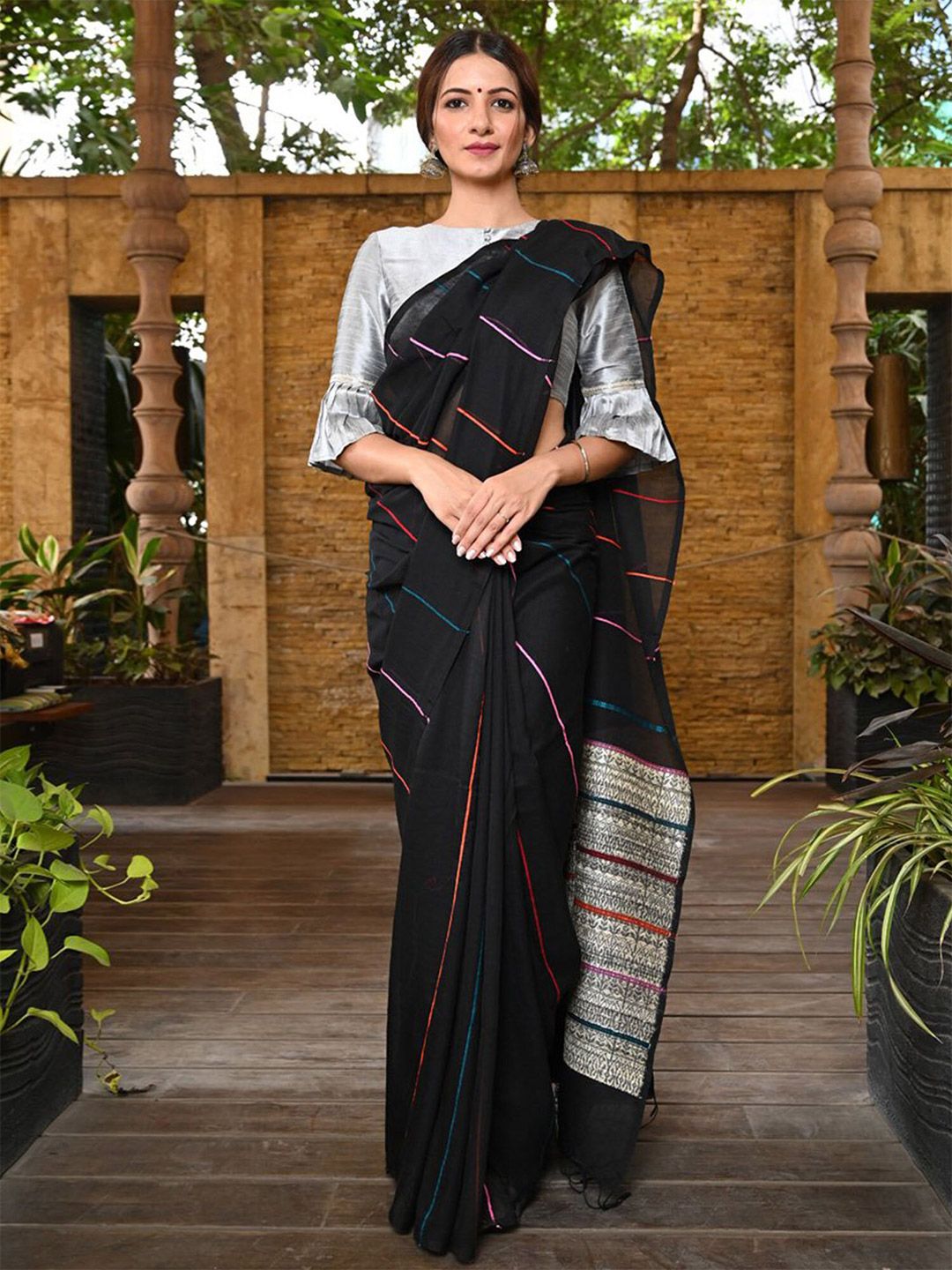 BEATITUDE Black & Silver-Toned Striped Saree Price in India