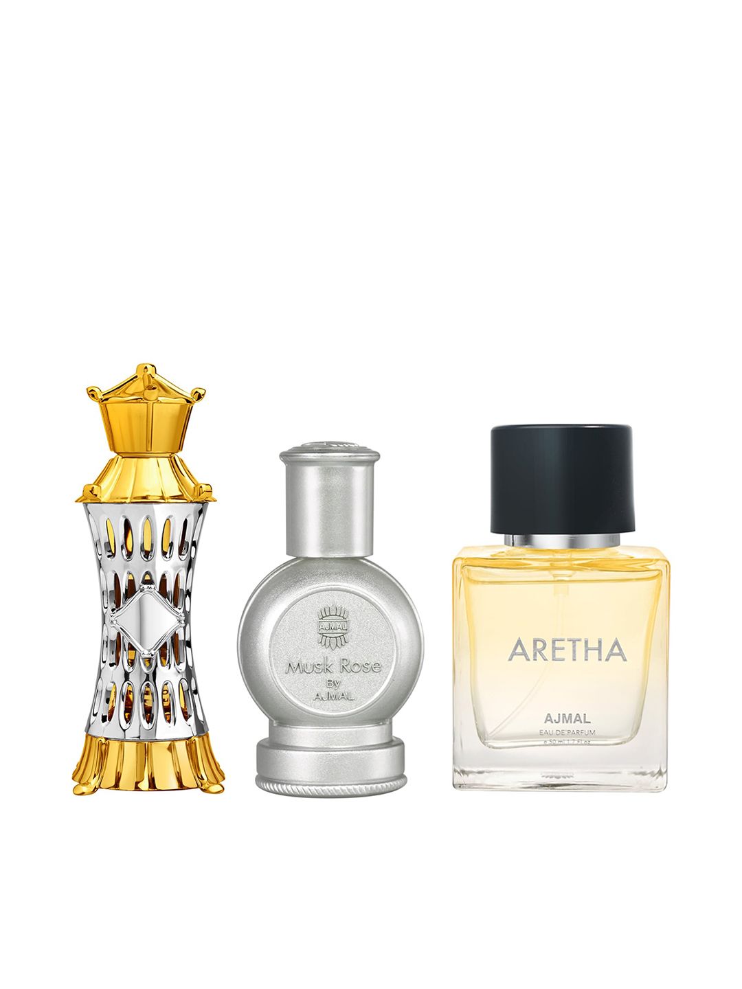 Ajmal Set Of 3 Perfumes - Mizyaan 14 ml + Musk Rose 12 ml + Aretha Eau De Parfum 50 ml