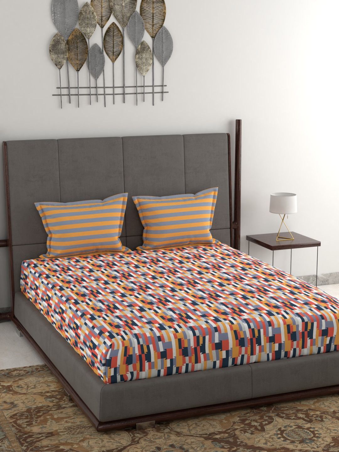 Trident Orange & White Geometric 120 TC Queen Bedsheet with 2 Pillow Covers Price in India
