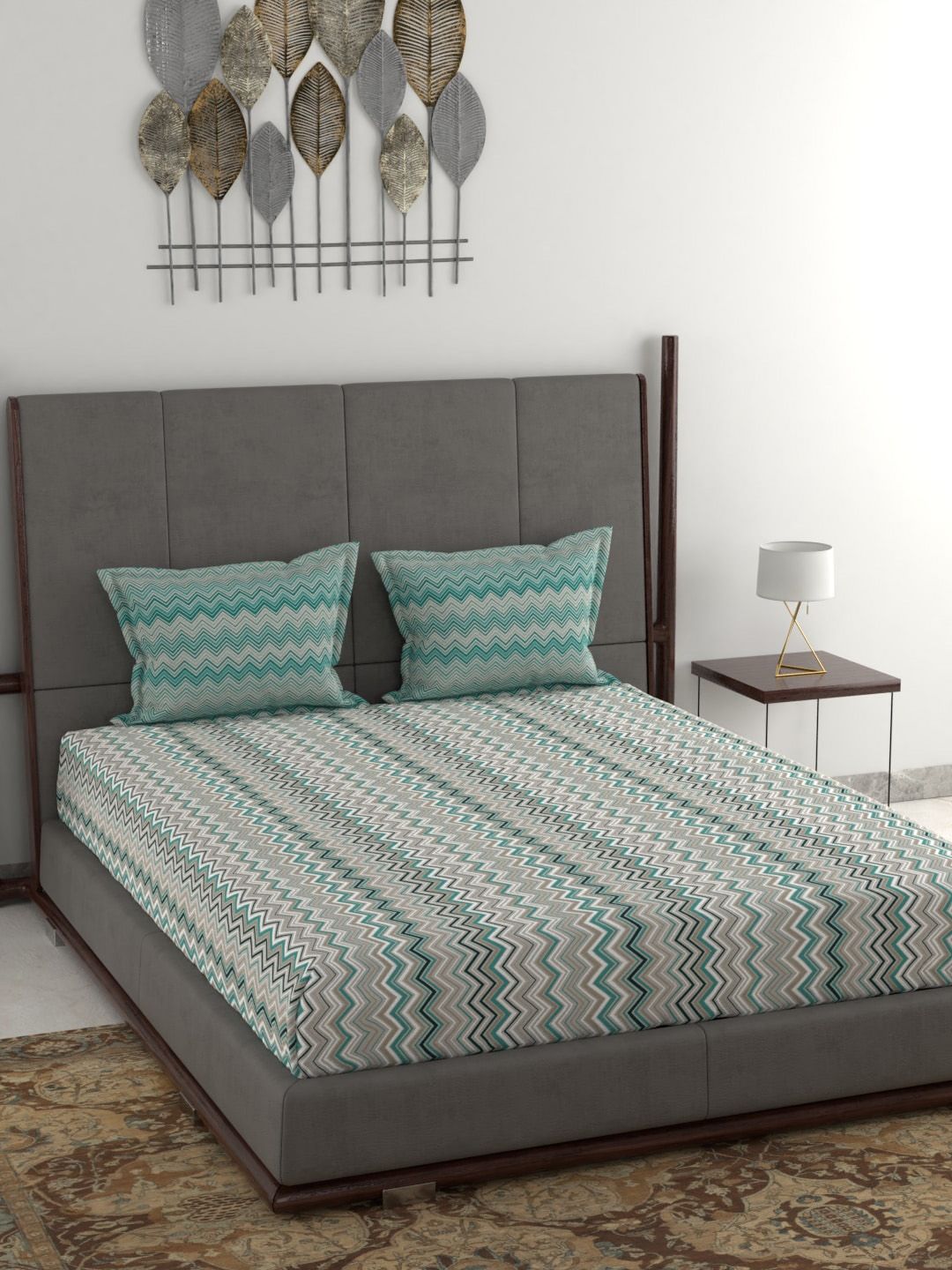 Trident Sea Green & White 120 TC Queen Bedsheet with 2 Pillow Covers Price in India