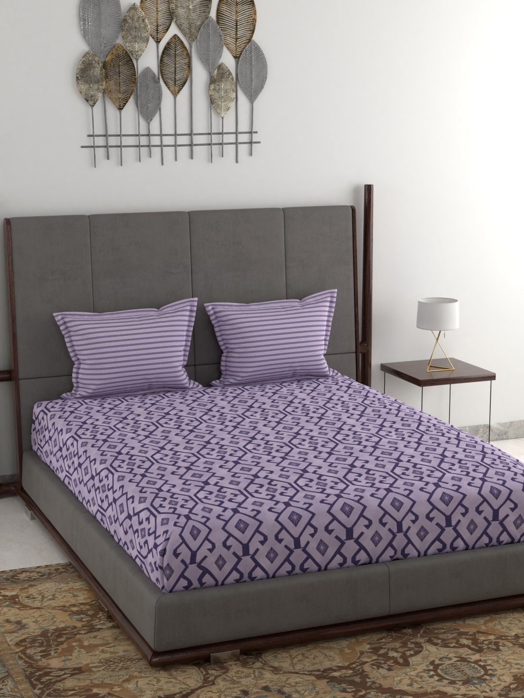 Trident Purple & Black Geometric 120 TC Queen Bedsheet with 2 Pillow Covers Price in India