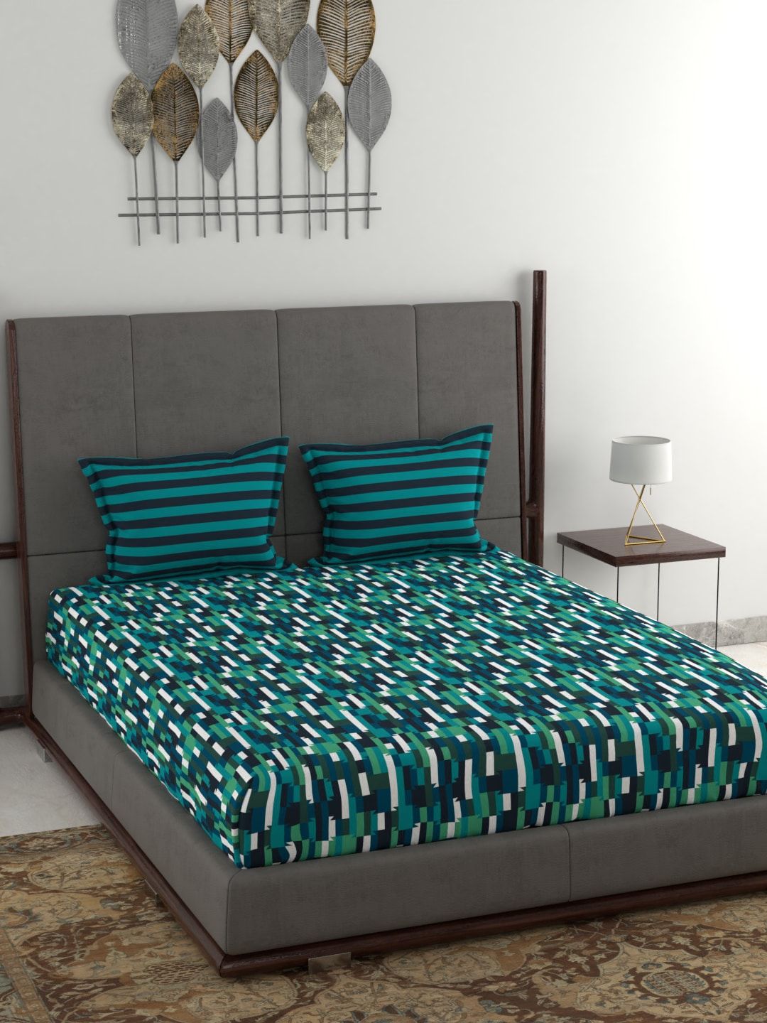 Trident Teal & White Geometric 120 TC Cotton Queen Bedsheet with 2 Pillow Covers Price in India